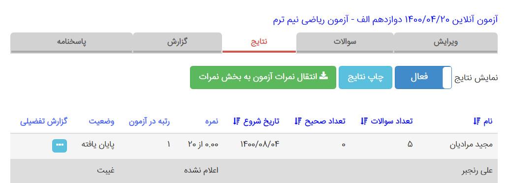 نتایج آزمون